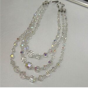 VINTAGE Clear AB Glass 3 Tier Necklace